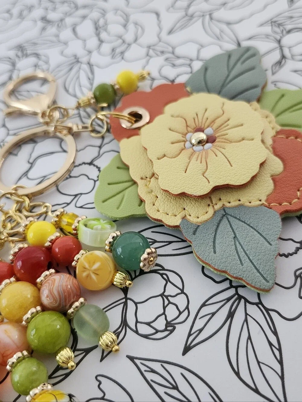 Floral Purse Charm or Luggage Tracker Fire Agate Jade Aventurine Handcrafted